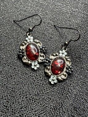 Vintage-Inspired Red Glass Cabochon Drop Earrings